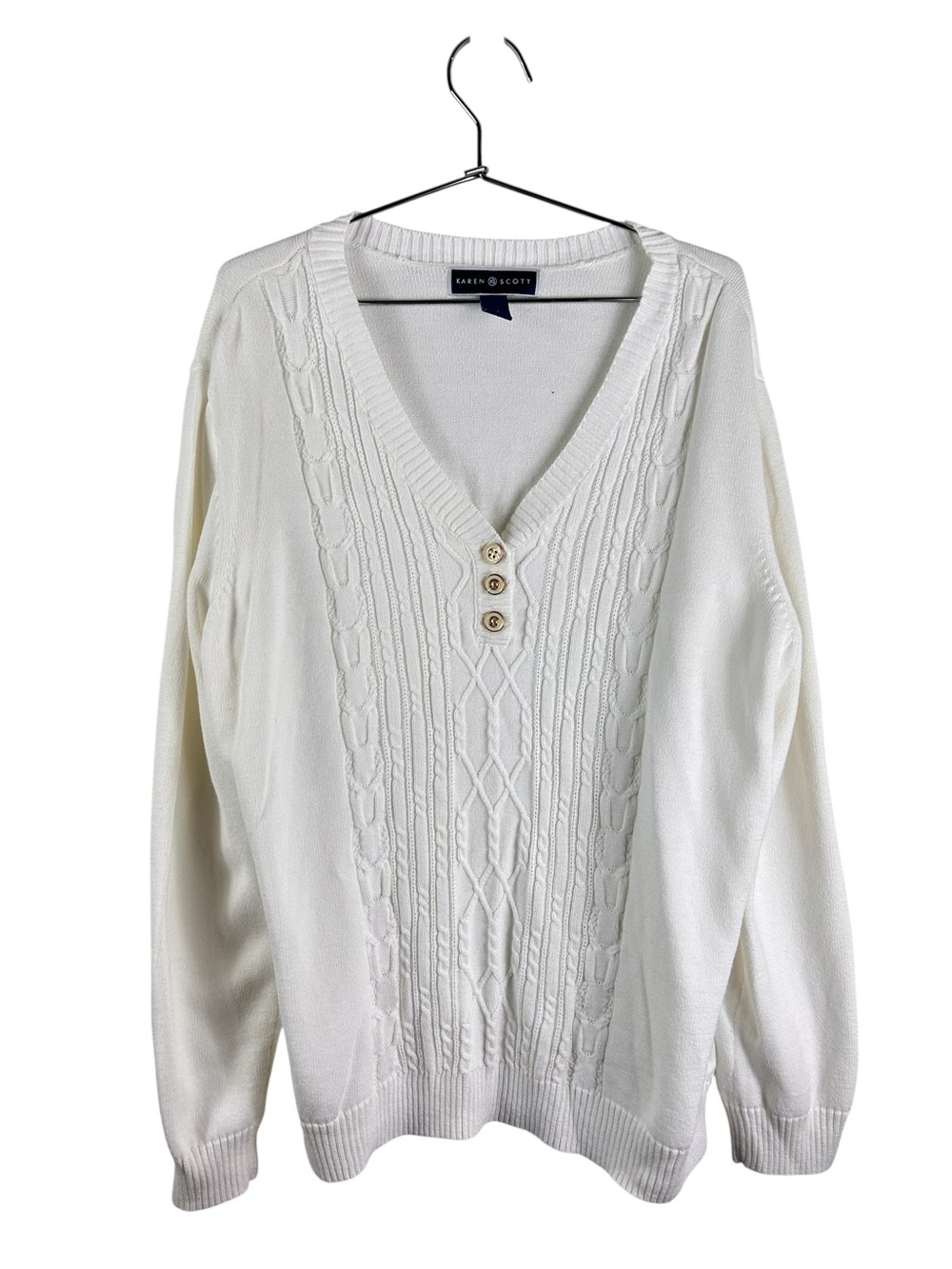Karen Scott white Cable-Knit V-Neck Sweater with Button Placket
